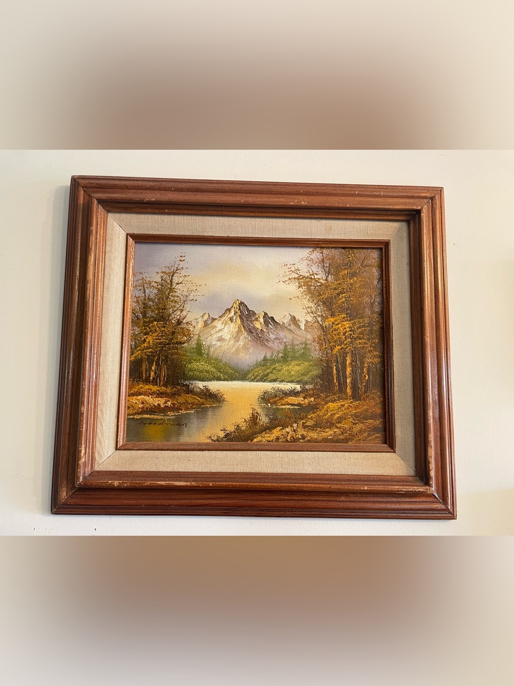 Framed Autumn Mountain Lake signed Oil Painting - Brown and Gold Landscape